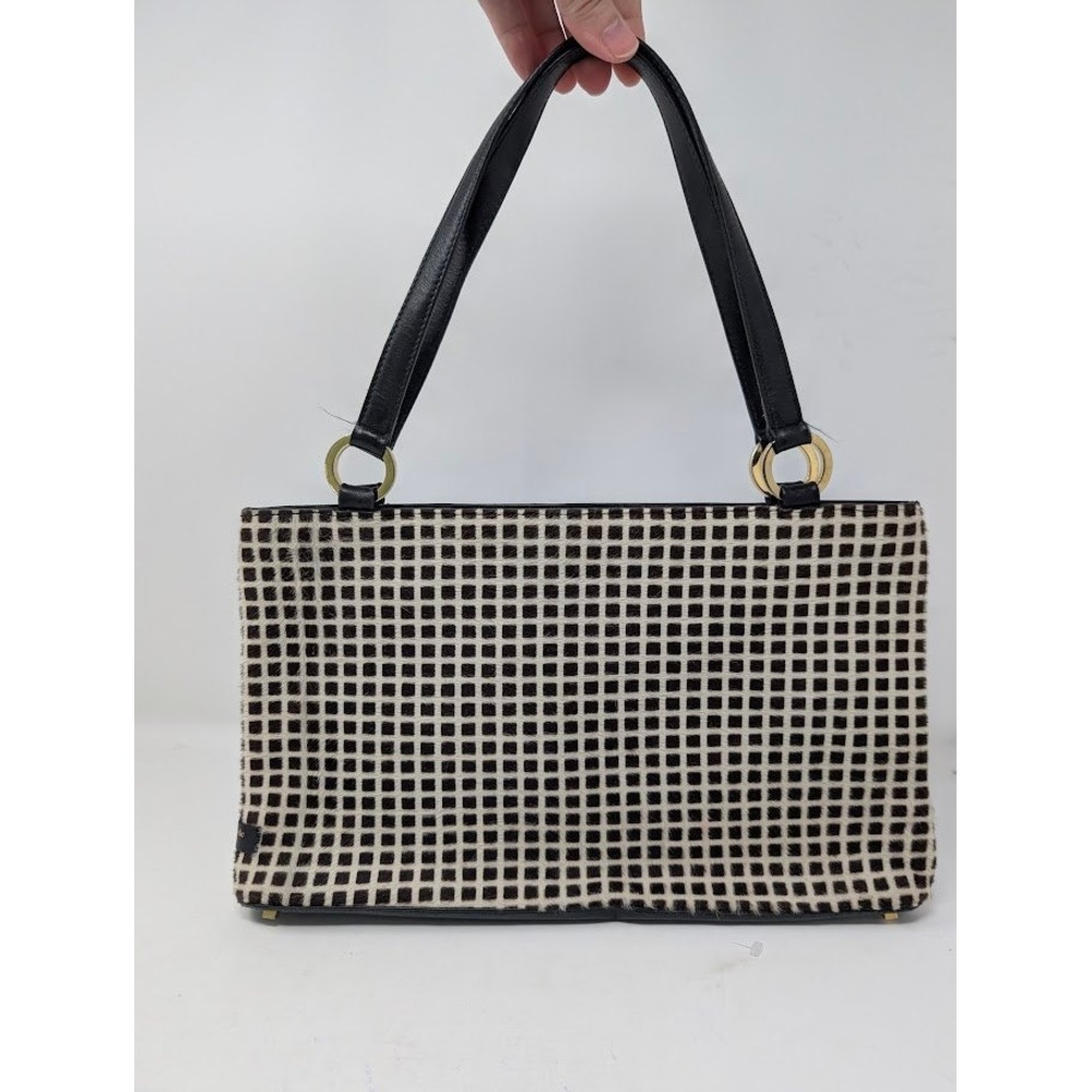 Kate Spade New York handbag checkered plaid brown white ponyhair leather trim